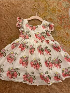 Girls White Strawberry Print Ruffle Sleeve Dress Pink Chicken